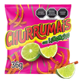Bolsa rosa de botana California Leaf Churrumais con sabor a chile y limón, churritos de maíz crujientes de 36 gramos.