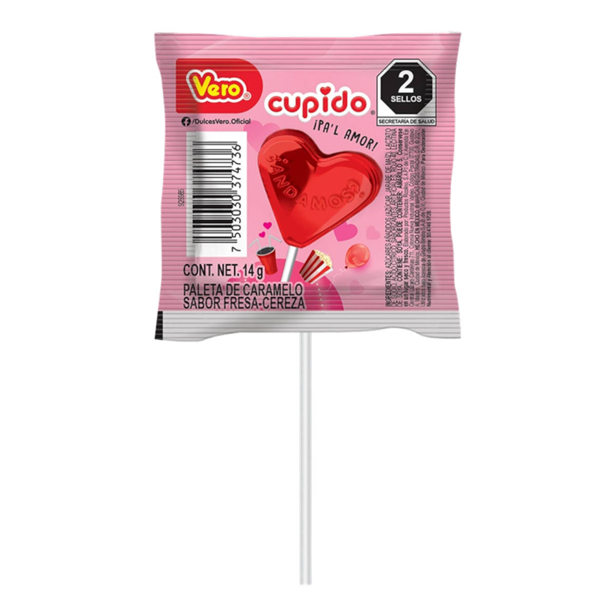 Paleta de caramelo California Leaf Vero Cupido en forma de corazón color rojo con sabor a fresa y cereza